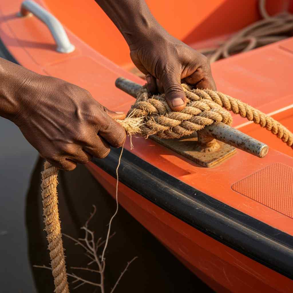 Weathered hands untying a frayed rope from a new orange rescue boat in shallow, reflective water.