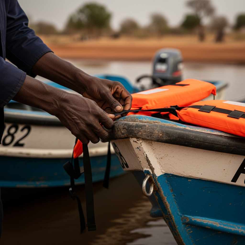 A boat operator's hands securing a life jacket to a new rescue boat on a Yobe riverbank.