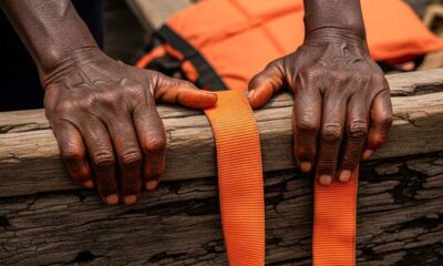 Close-up of weathered hands gripping the splintered wooden edge of a boat, with a life jacket str...