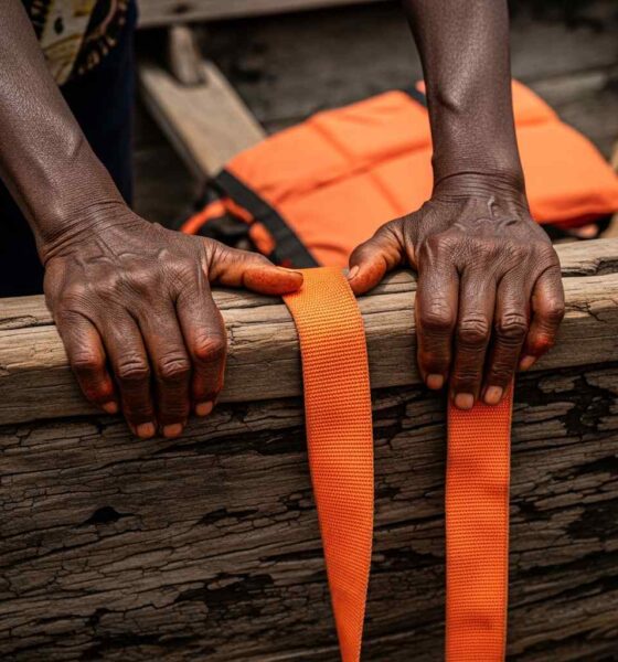Close-up of weathered hands gripping the splintered wooden edge of a boat, with a life jacket str...