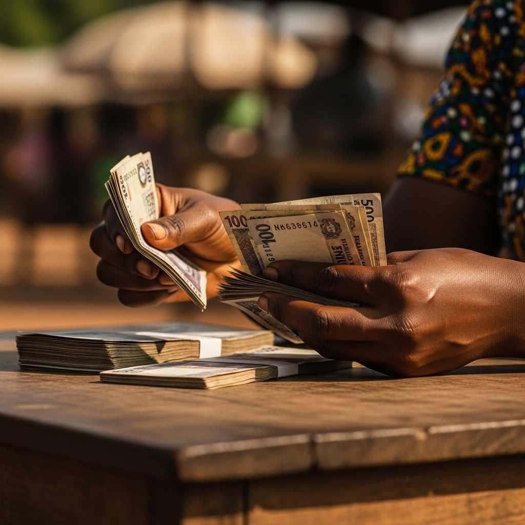 A woman's hands counting Nigerian Naira, representing rural women empowerment through micro-grants in Abia.