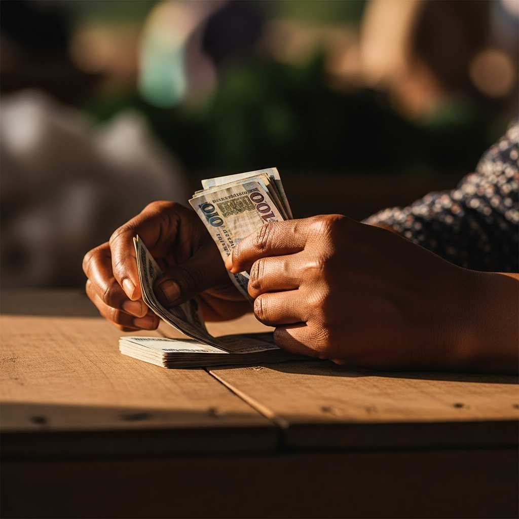 A woman's hands counting Nigerian Naira notes, representing rural women empowerment through micro-grants.