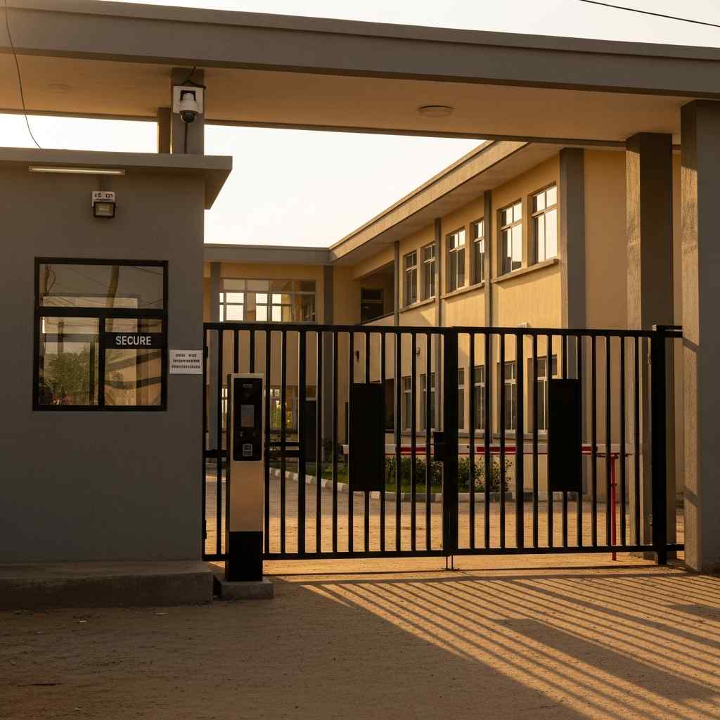Modern school security gate with biometric scanner under morning light