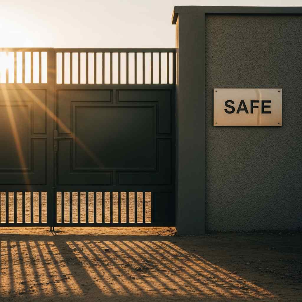 A secure metal school gate at sunrise, with a plaque reading 'SAFE'.