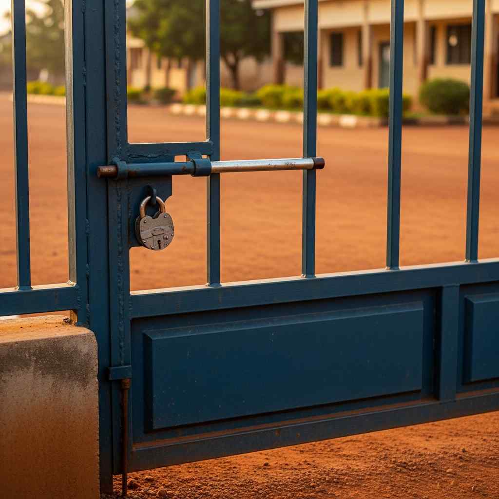 A closed steel security gate at a Nigerian school entrance during morning light.