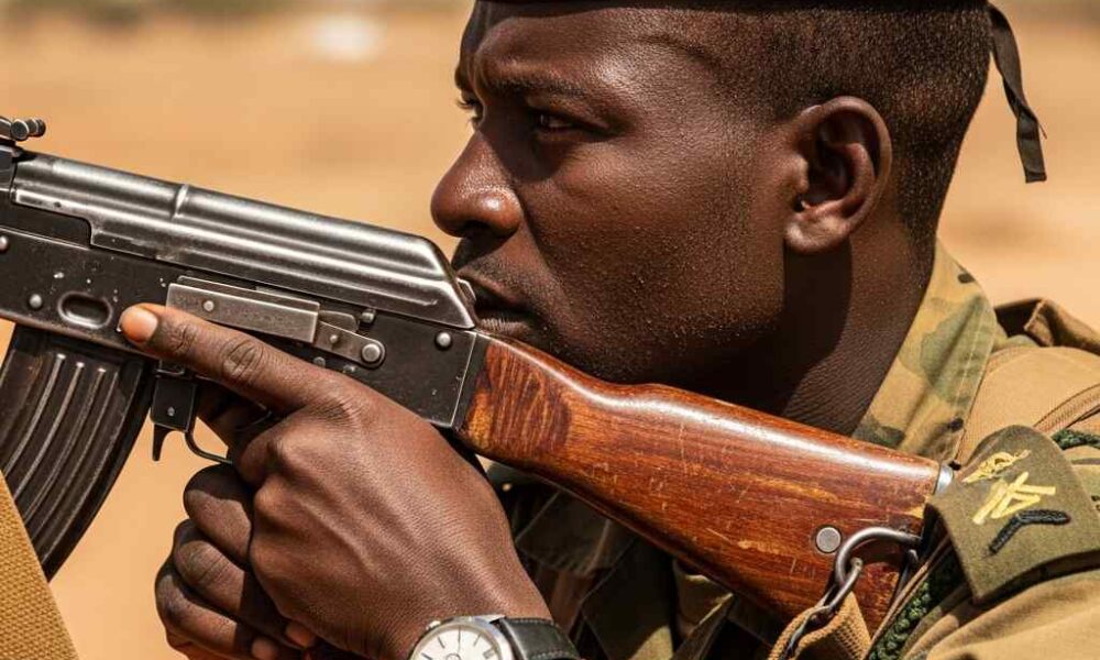 Soldier holding rifle on Zamfara operation, uniform stained, hands weathered