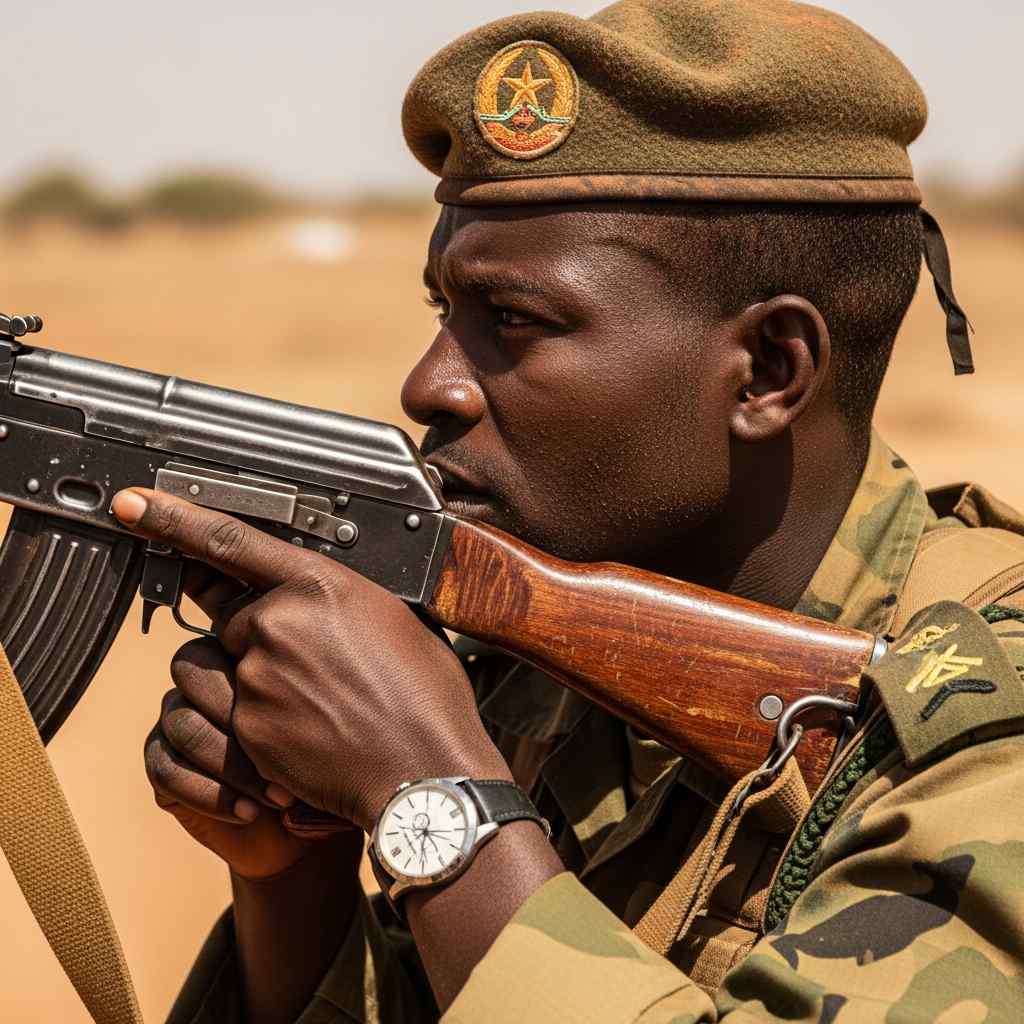 Weathered hands soldier holding a dusty rifle, uniform stained with sweat. Featured Image Description: Digital photograph of Nigerian Army convoy moving through rural Zamfara terrain. Dust rises behind vehicles. Soldiers sit in formation with weapons aimed outward. Sparse vegetation and dry earth visible. Hills in far distance. Late morning light creates long shadows. Date stamp indicates March 2026. Featured Image Title: military-convoy-zamfara-banditry-operations-2026.jpg