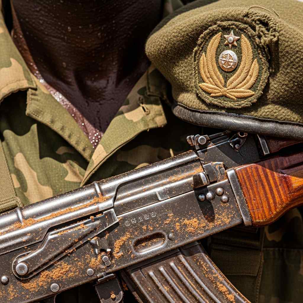 Detailed close-up dusty rifle, worn beret, and sweat-darkened uniform collar.