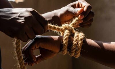 Close-up tying a rough rope around a pair dimly lit room.