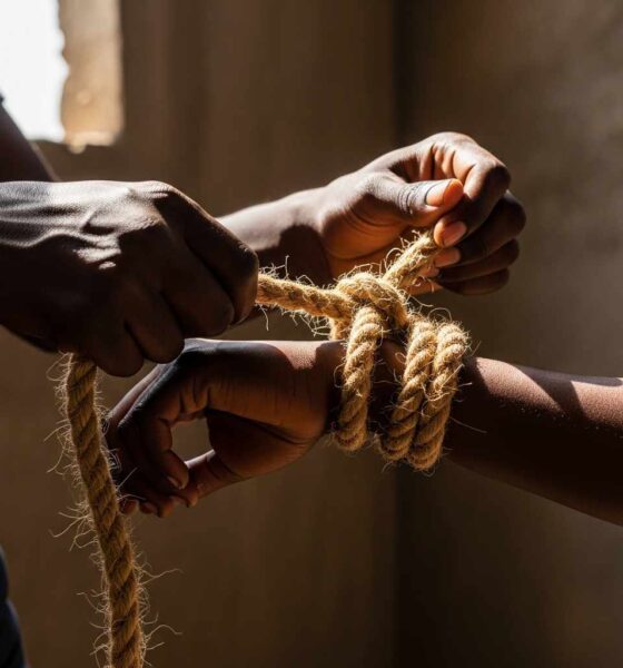 Close-up tying a rough rope around a pair dimly lit room.