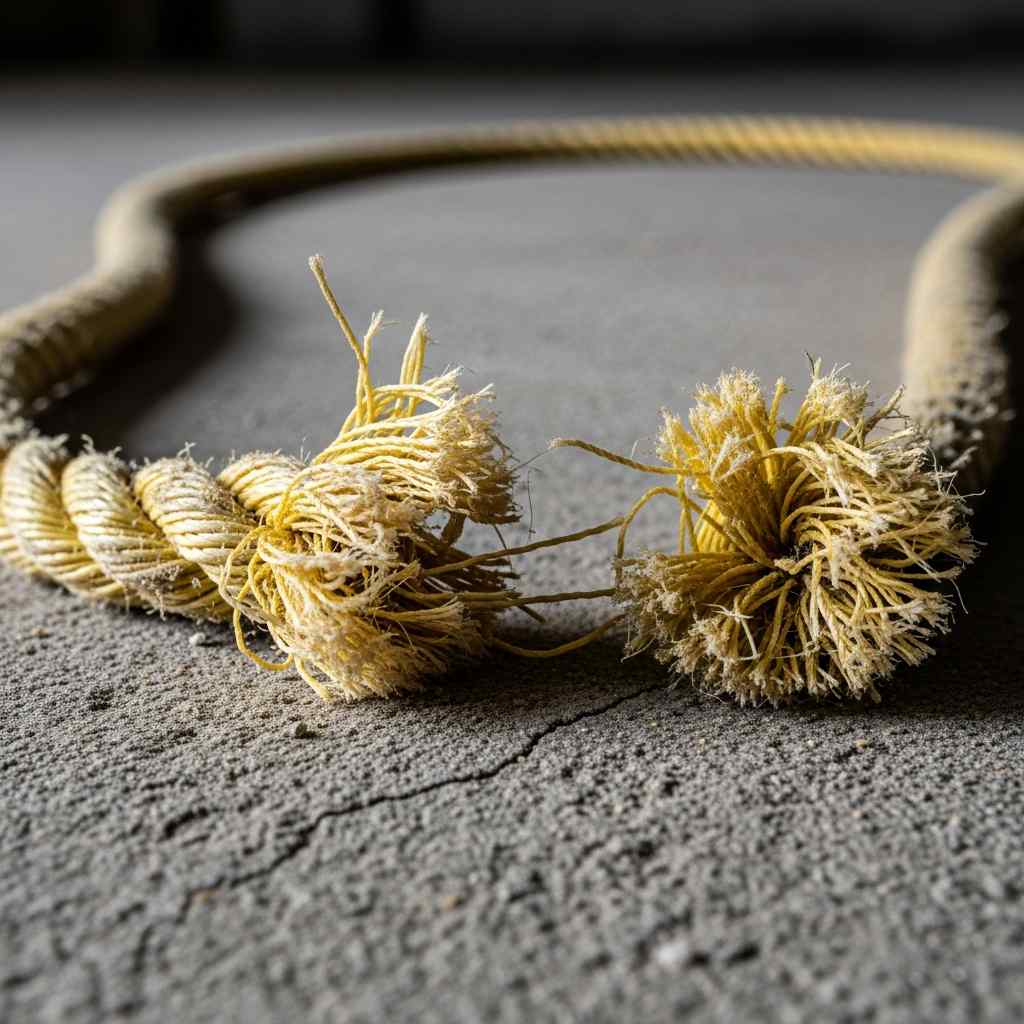 Extreme close-up yellow nylon rope on a dusty, cracked concrete surface.