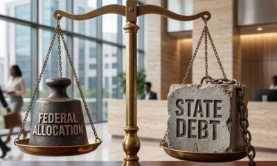 Brass balance beam with iron DEBT weight outweighing glass ALLOCATION block