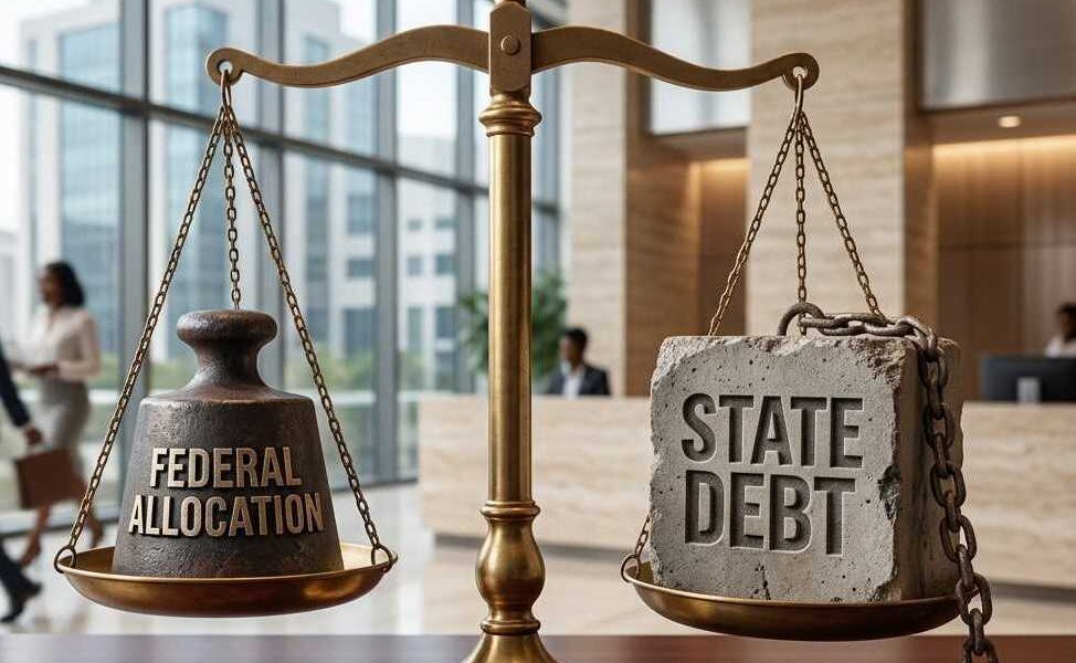 Brass balance beam with iron DEBT weight outweighing glass ALLOCATION block