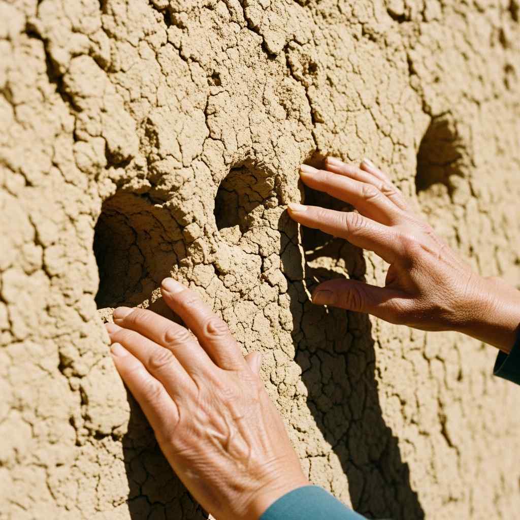 Hands examine bullet holes mud-brick wall during an investigation.