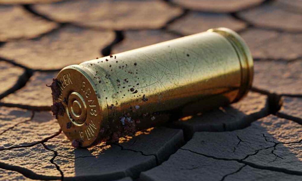 Close-up rusted brass bullet shell resting on dry, cracked soil sunlight.