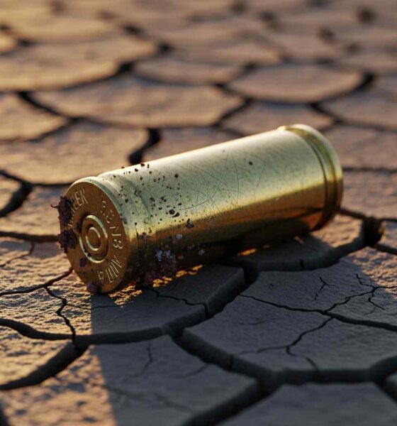 Close-up rusted brass bullet shell resting on dry, cracked soil sunlight.