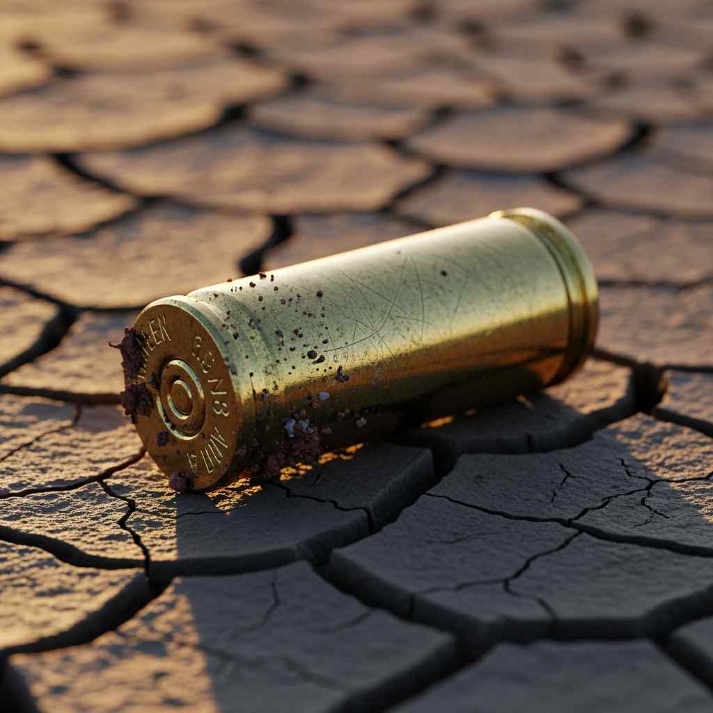 Close-up rusted brass bullet shell resting on dry, cracked soil sunlight.