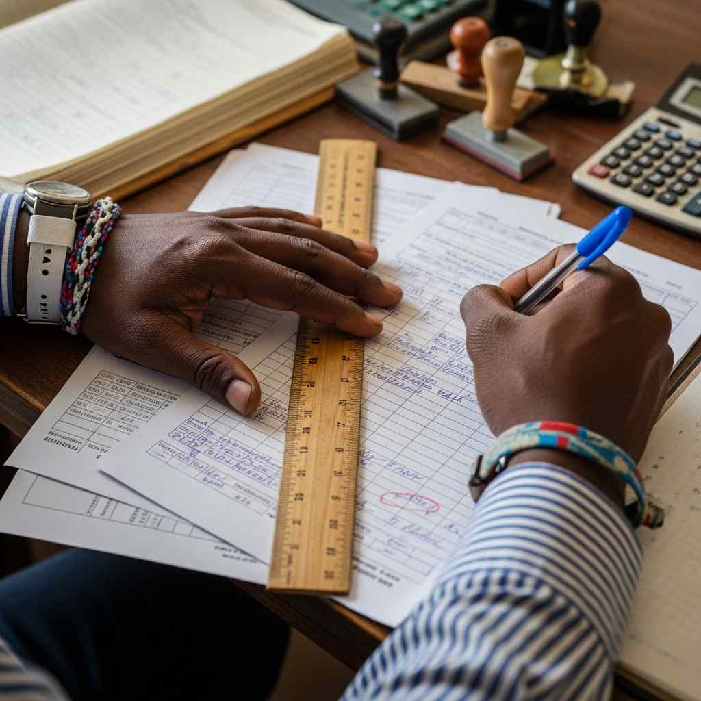 Worn hands with several wristbands using a ruler and pen on a cluttered ledger.