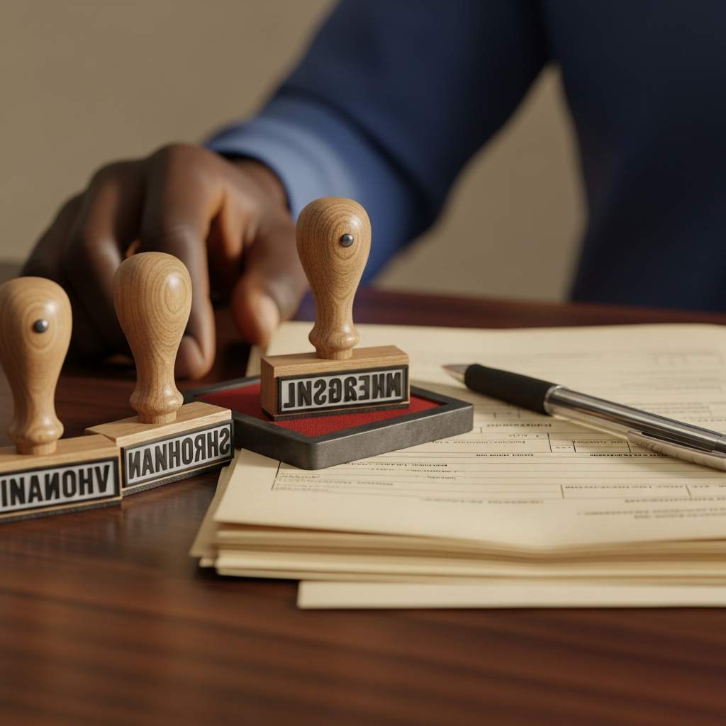 Close-up rubber name stamps and a pen on paperwork.