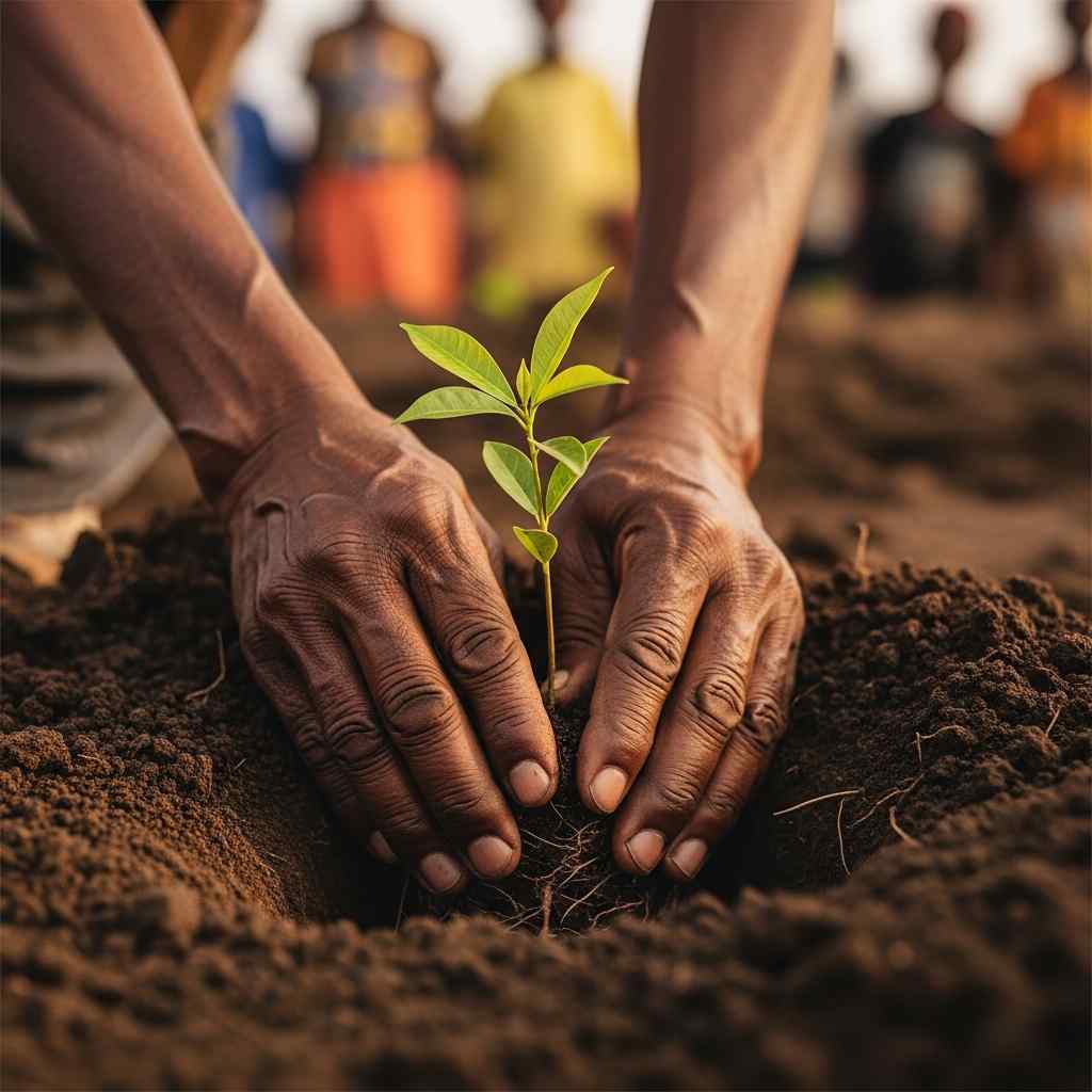 Elder's hands planting a new tree, symbolizing community renewal after the night bandits came.