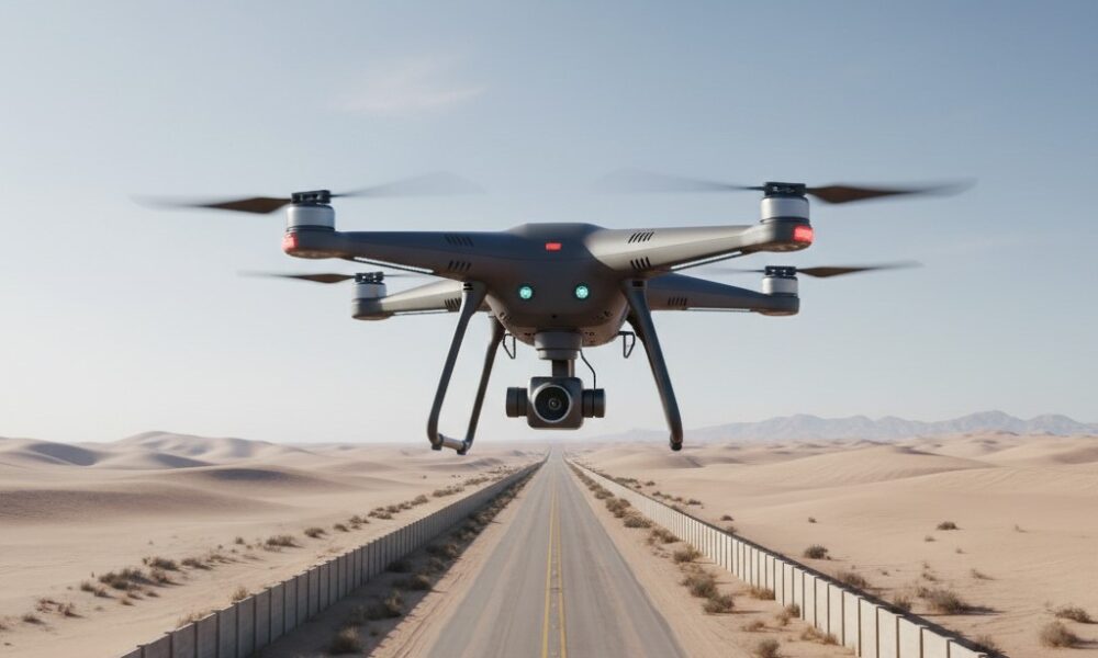 A commercial drone flying over a desert border road in Nigeria, illustrating new security challenges in 2026