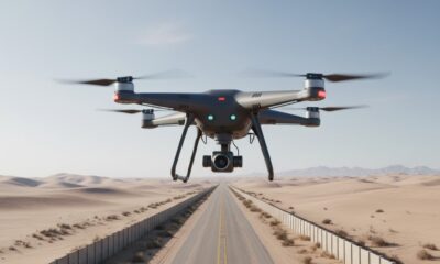 A commercial drone flying over a desert border road in Nigeria, illustrating new security challenges in 2026