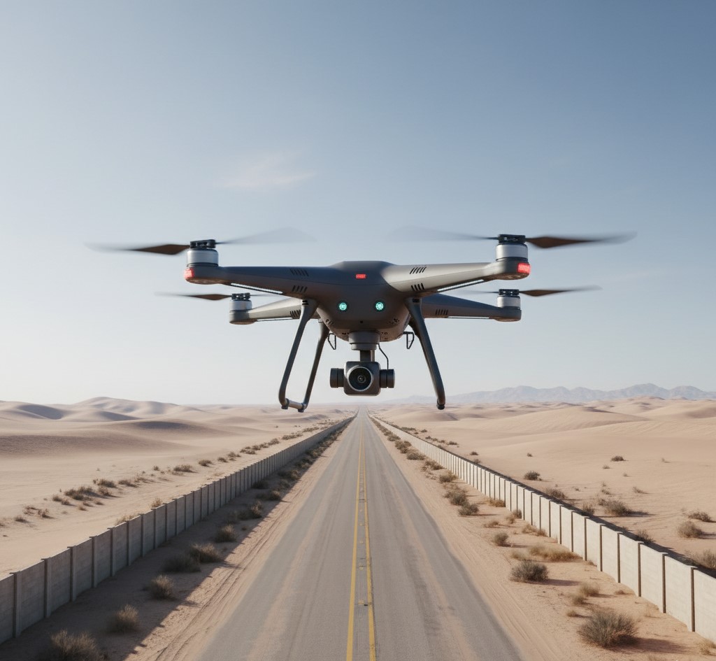 A commercial drone flying over a desert border road in Nigeria, illustrating new security challenges in 2026