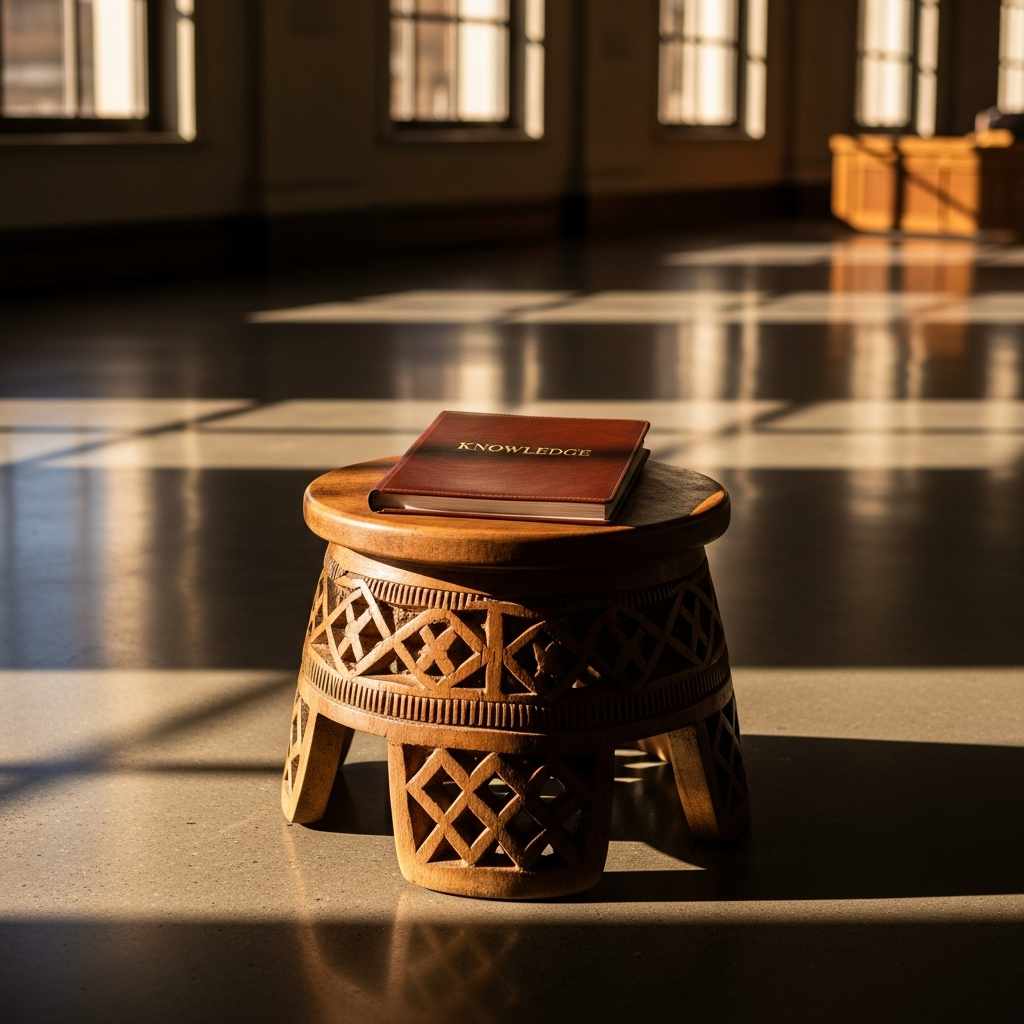 Carved wooden stool with leather ledger in empty council chamber during golden hour.