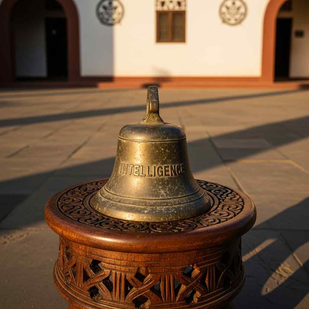 A weathered bronze bell with the word 'INTELLIGENCE' on a wooden stool in a courtyard.