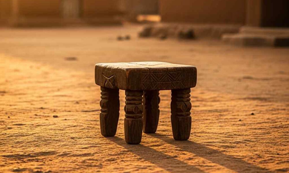 Empty carved wooden throne in a sunlit Nigerian village square.
