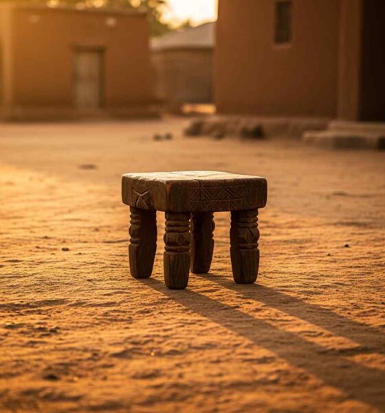 Empty carved wooden throne in a Nigerian village square