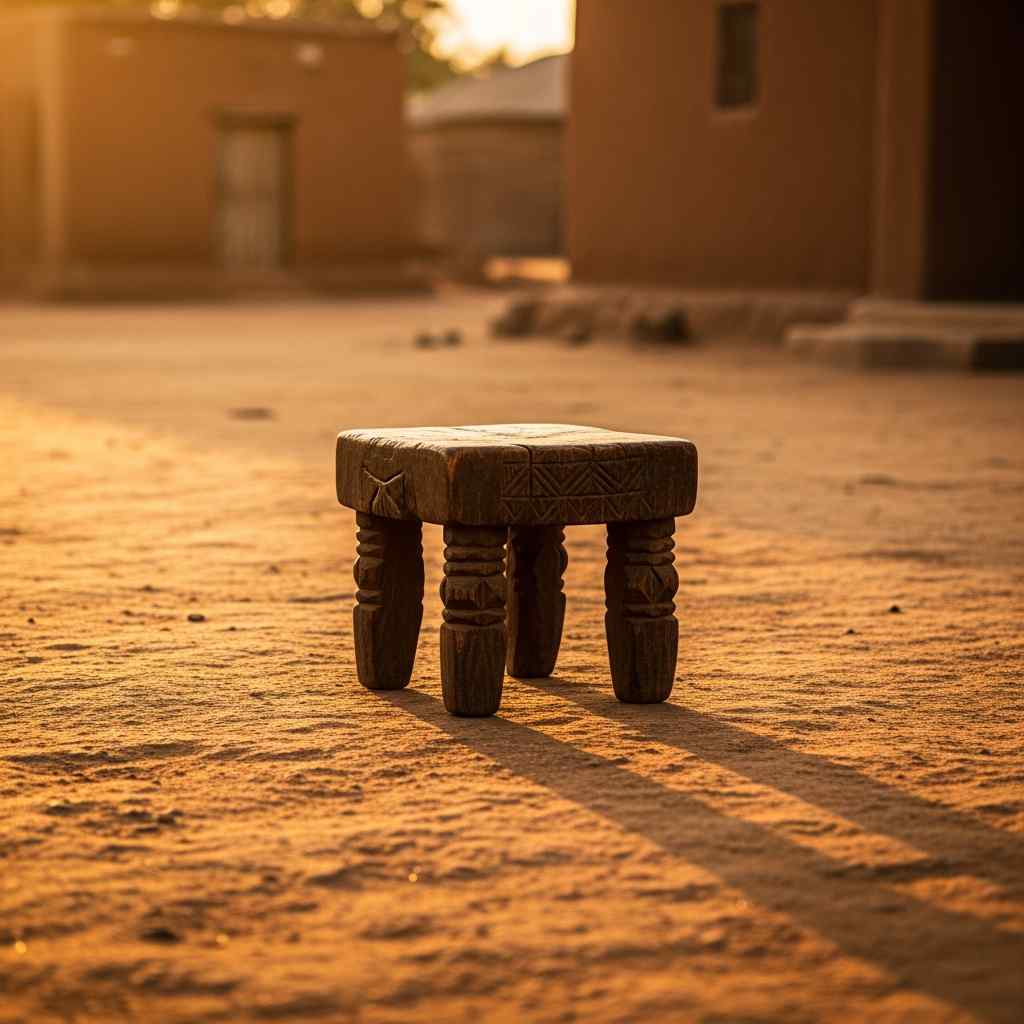 Empty carved wooden throne in a sunlit Nigerian village square.