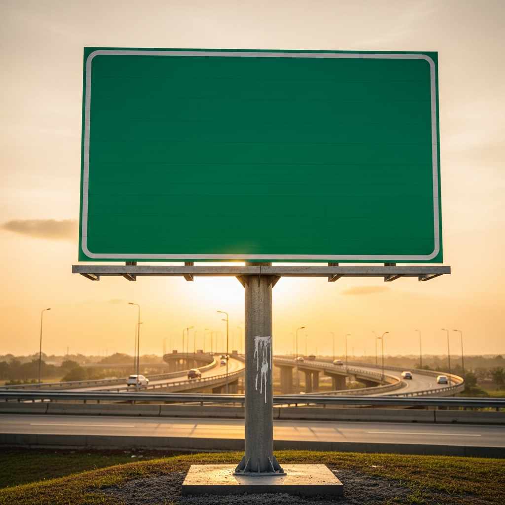 A new blank traffic sign under construction on a highway interchange,.