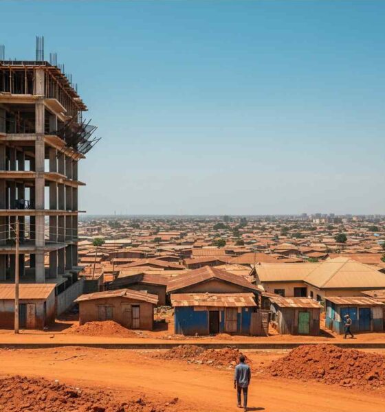 A person walks along a path with buildings under construction background.