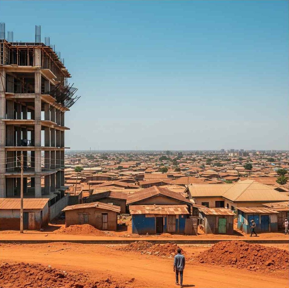 A person walks along a path with buildings under construction background.