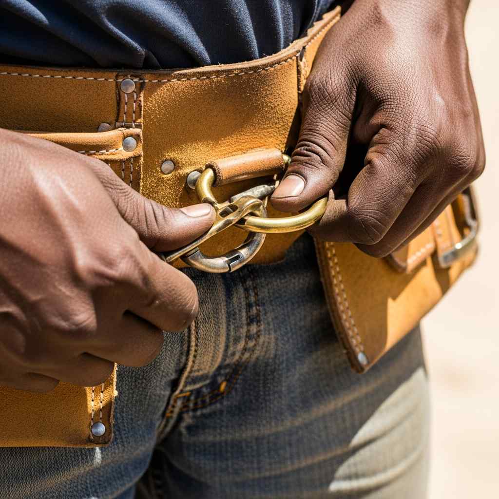 Close-up hands fastening a carabiner on a leather tool belt.