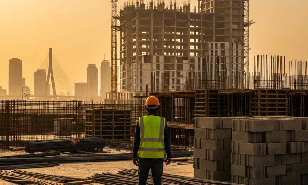 Construction worker building site with modern city skyline.