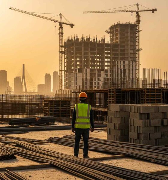 Construction worker on building site with city skyline in background