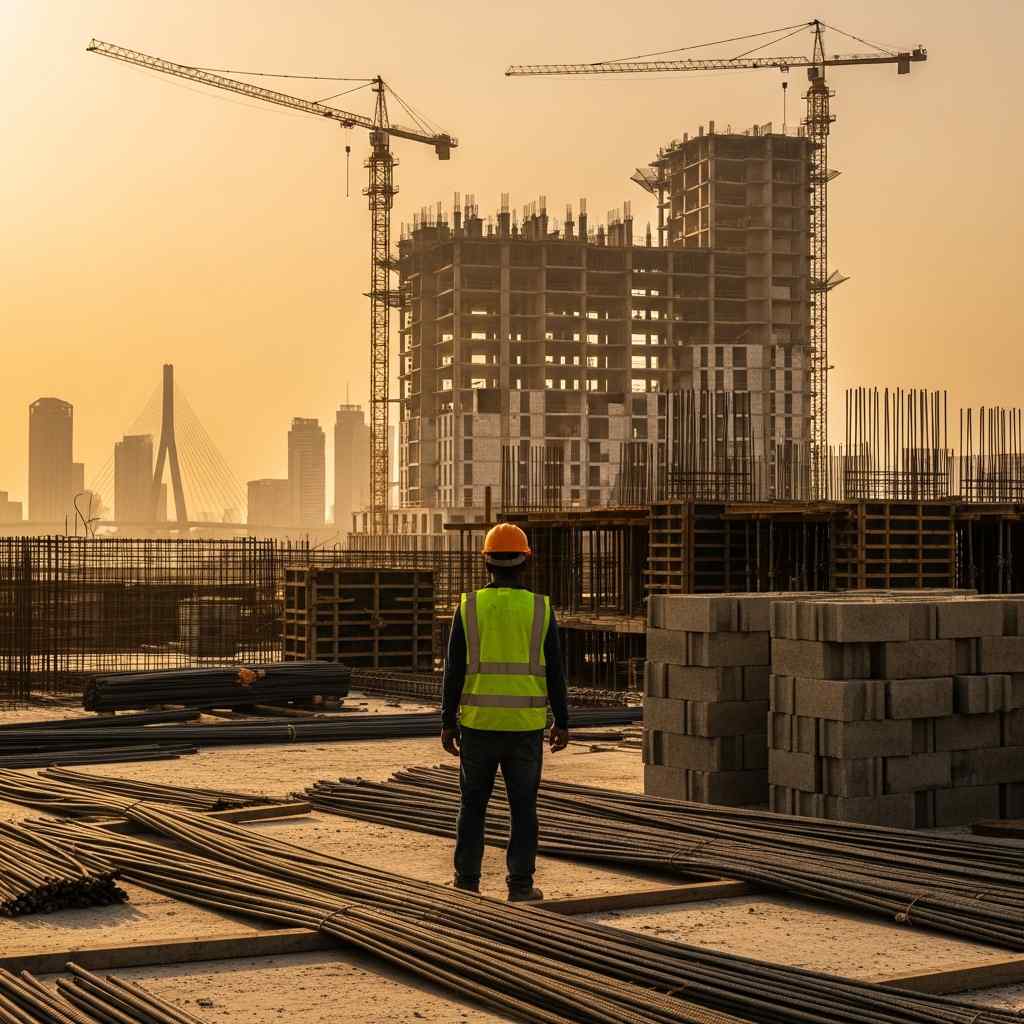 Construction worker building site with modern city skyline.