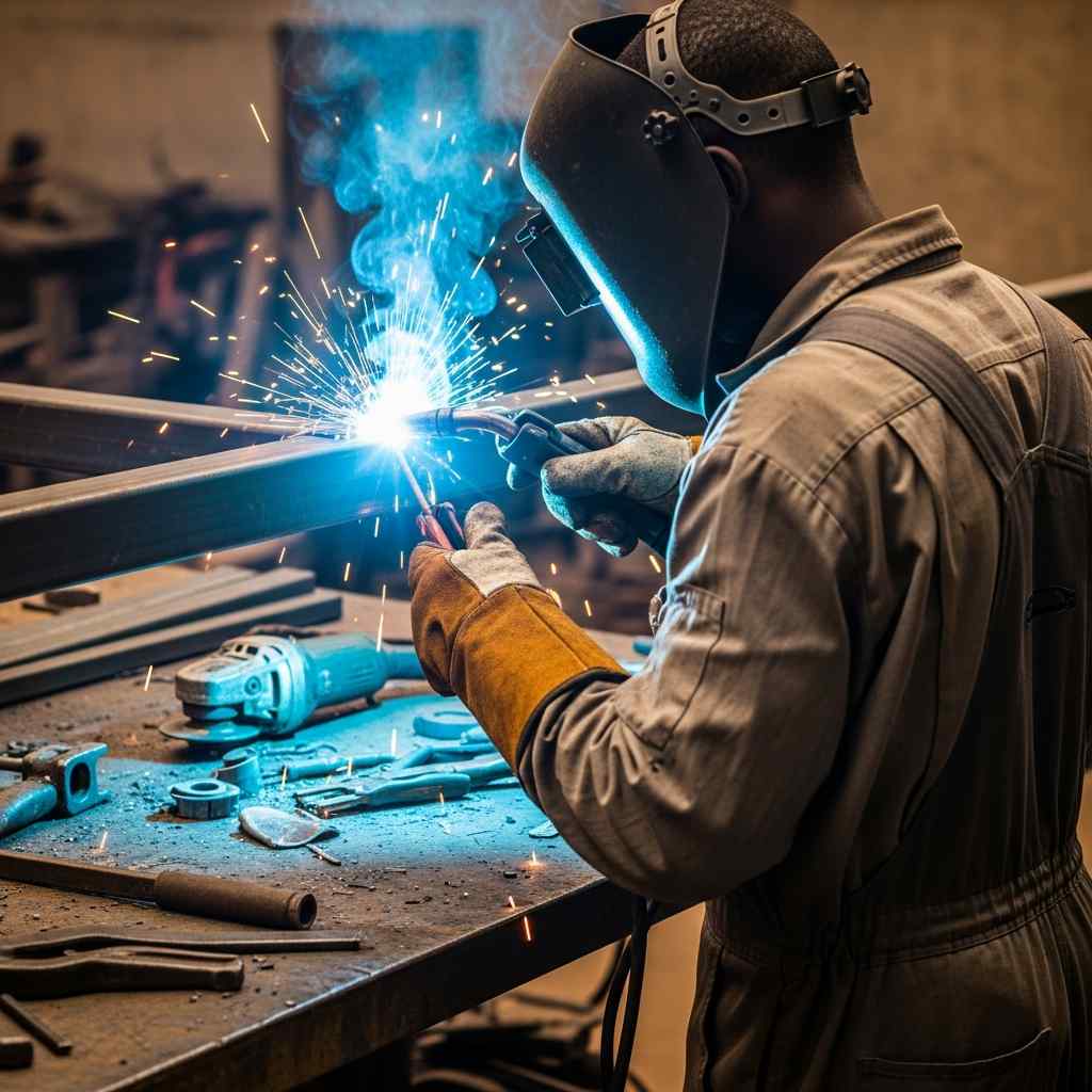 Welder using a torch, sparks flying industrial setting.