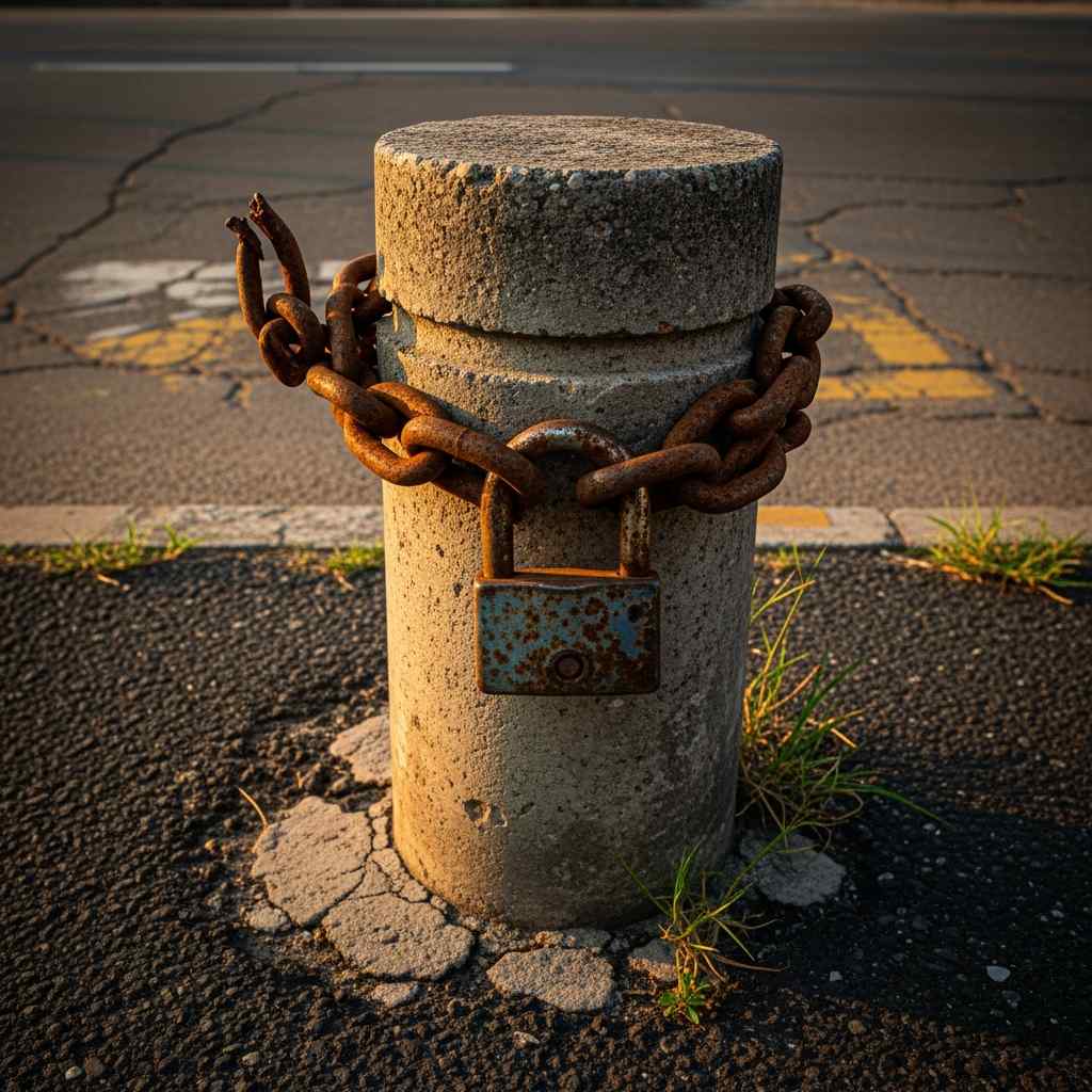 Rusted bicycle lock and chain on a deserted road at dusk, symbolizing urban confinement