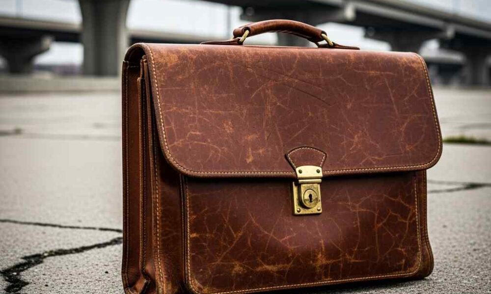 Abandoned briefcase on a Lagos sidewalk near a highway, symbolizing urban kidnapping threats.
