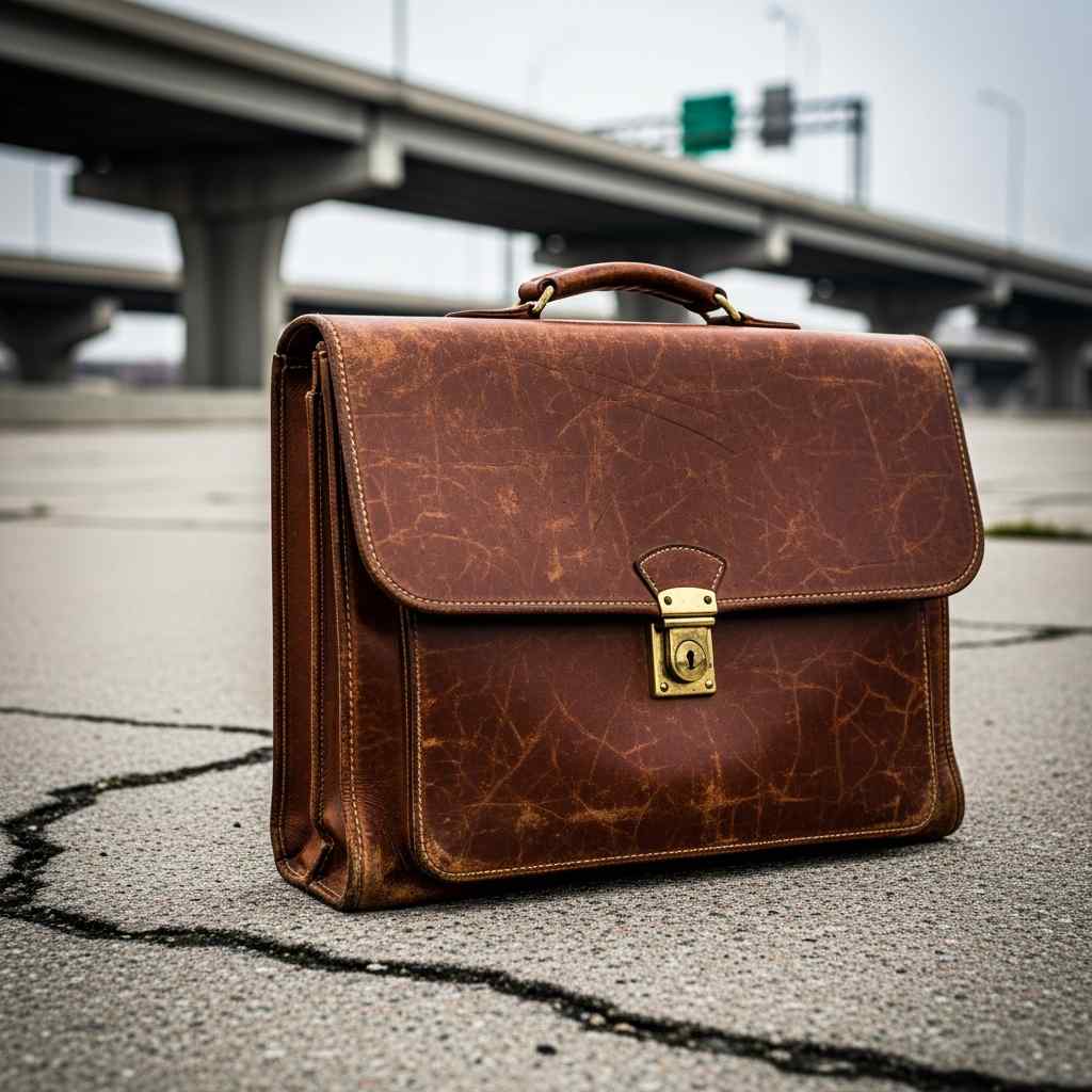 Abandoned briefcase on a Lagos sidewalk near a highway, symbolizing urban kidnapping threats.