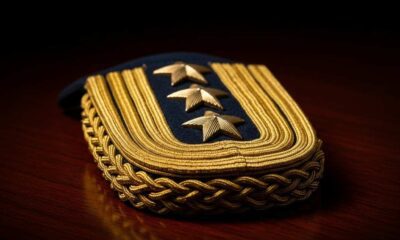 Close-up gold-braided military epaulette on a dark wooden surface with dramatic lighting.