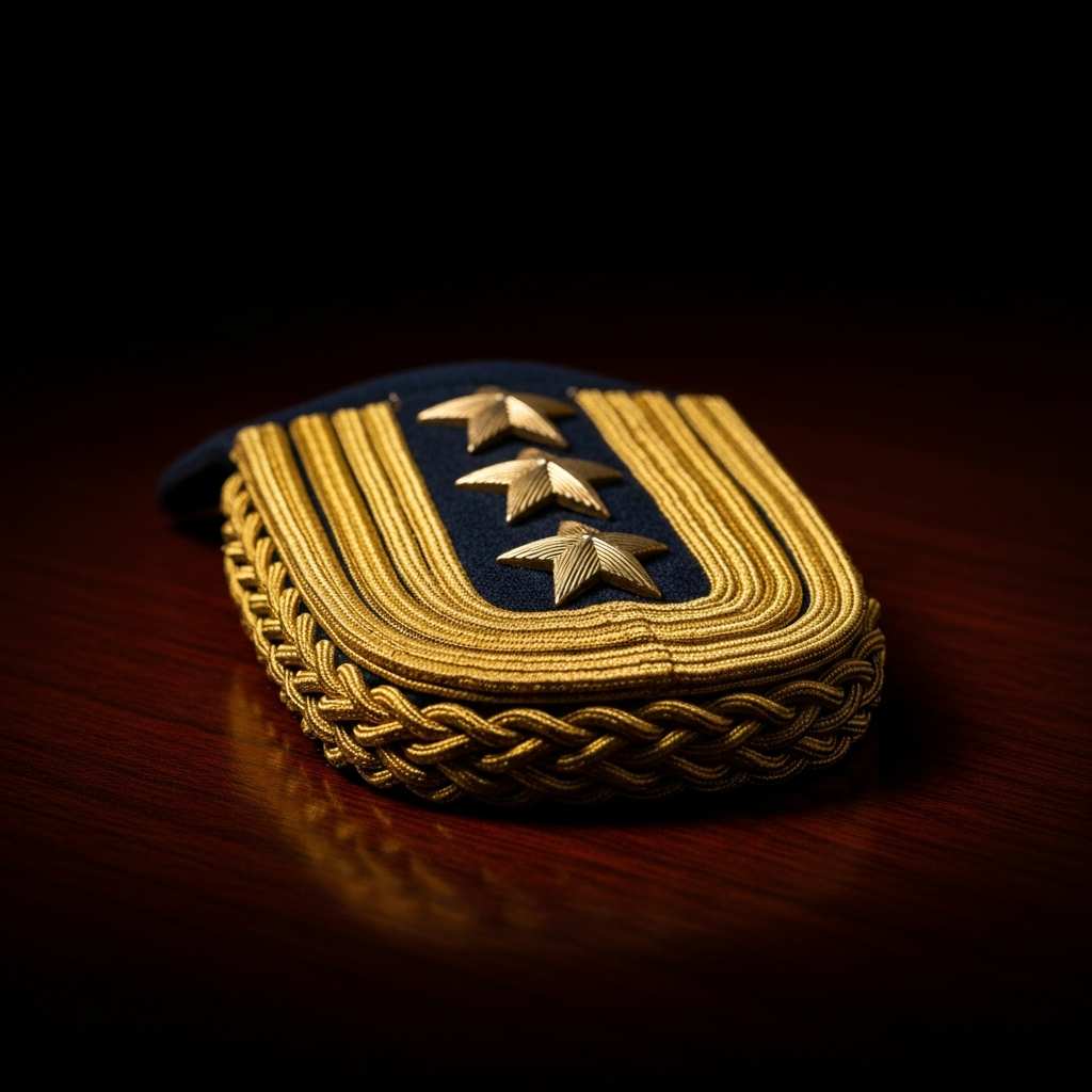 Close-up gold-braided military epaulette on a dark wooden surface with dramatic lighting.