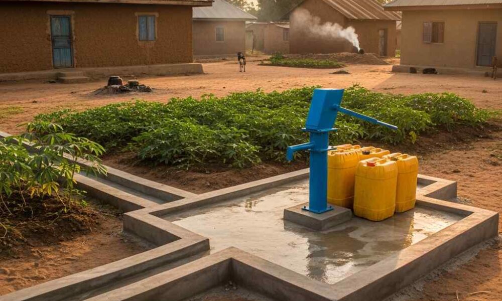 A new blue hand-pump borehole on a concrete platform in a rural Nigerian community under evening light.