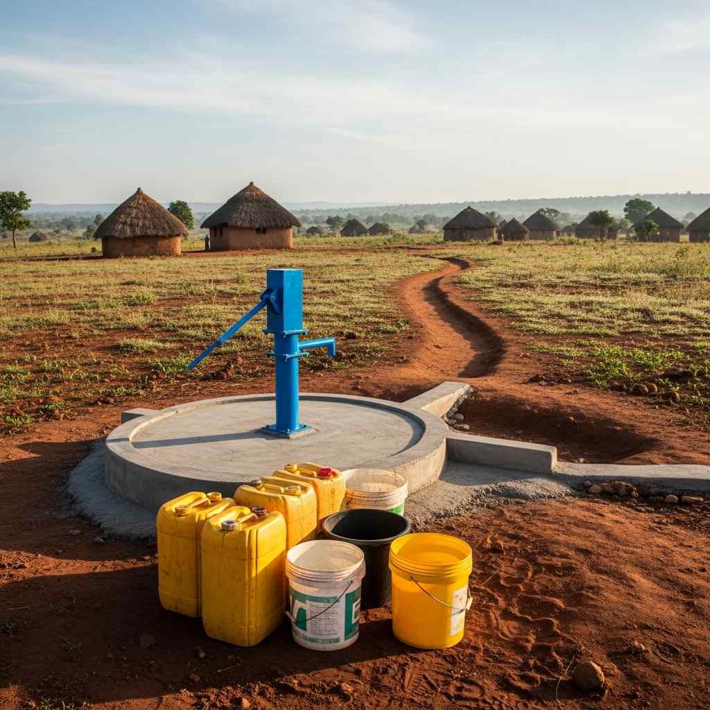 New community borehole with blue hand pump in rural ward under morning light