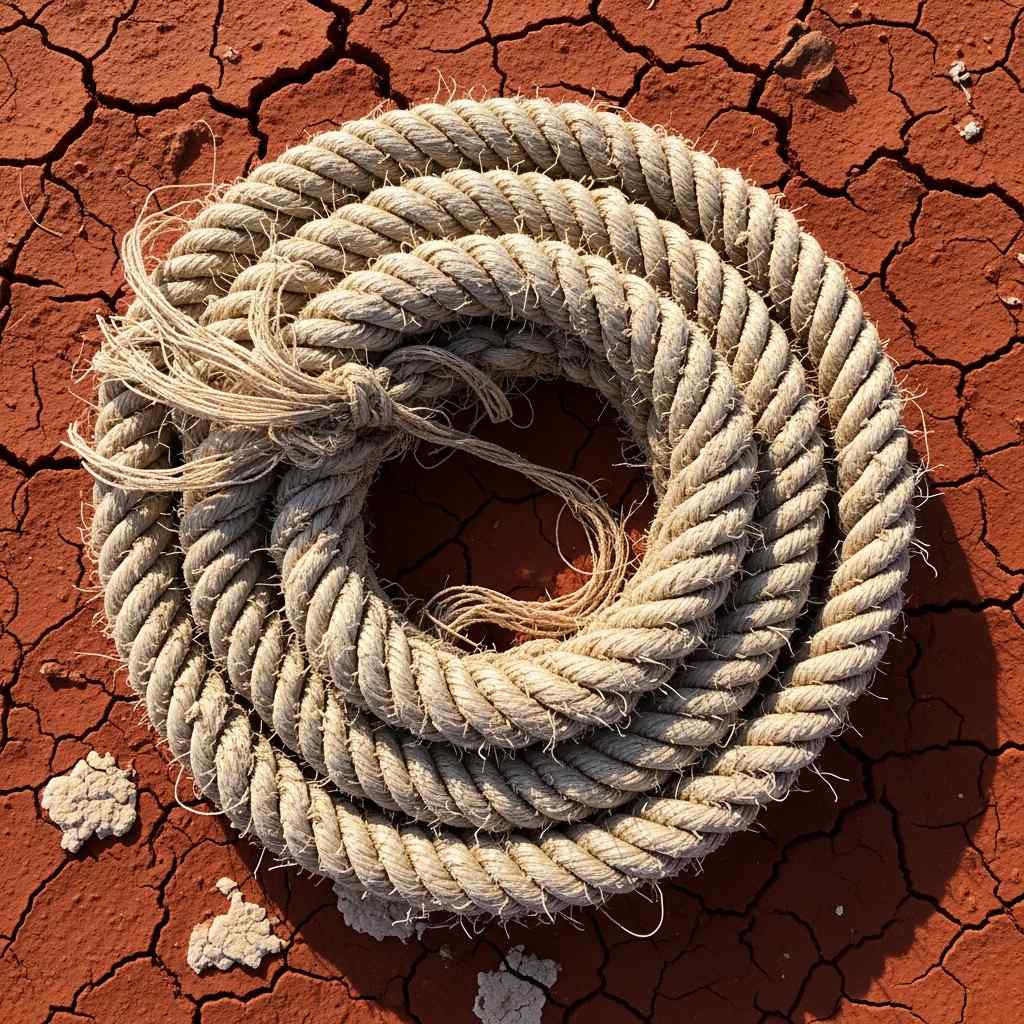 Extreme close-up of frayed, sun-bleached rope from a fishing net on cracked red earth near Lake C...