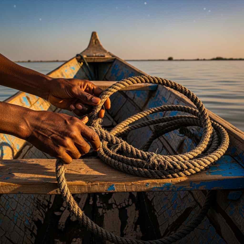 Weathered hands coiling a rope on a wooden canoe at dusk on Lake Chad.
