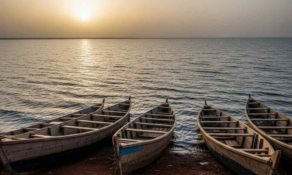 Traditional wooden boats on the shore of Lake Chad at dusk, with the vast lake fading into darkness.